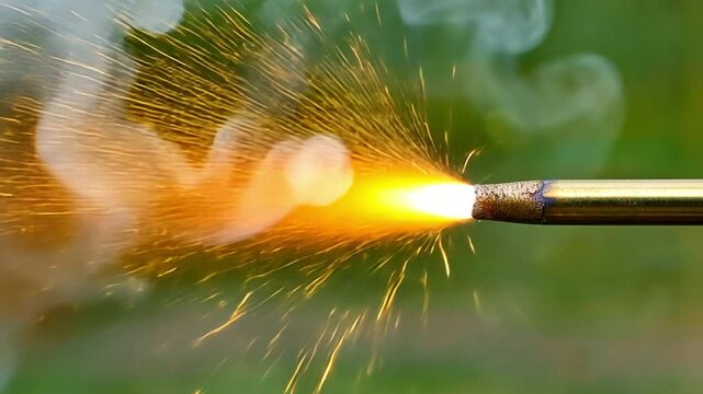 Close up of torch flame and firearm muzzle emitting bright orange and yellow sparks, showcasing intense heat and energy against blurred background, creating dynamic visual experience.