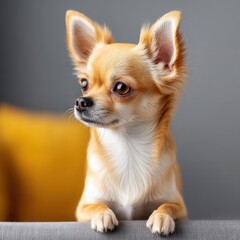 An adorable fawn-colored Chihuahua puppy with big expressive eyes sits attentively on a gray couch looking to the side against a neutral background.