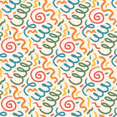 Birthday party seamless pattern template. Spirals lines geometric party background. Fun confetti repeat covering. Surface pattern design holiday motif. Vector illustration.