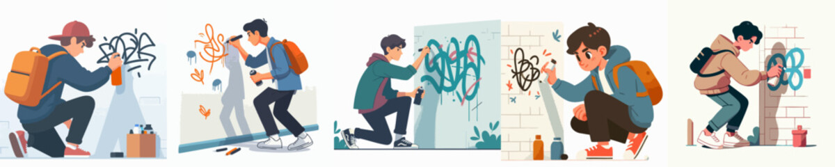 vector set of teenagers making graffiti on the wall