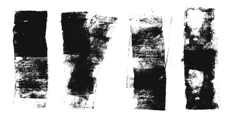 Grunge eroded textures set. Ink roller background. Vintage rectangles imprint. Dry black brayer striped isolated on white background. Painted relief stains. Vector lino eroded abstract wide dirty form