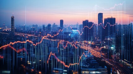 Fototapeta premium Financial growth in a urban city showcasing the economy with statistics data overlay