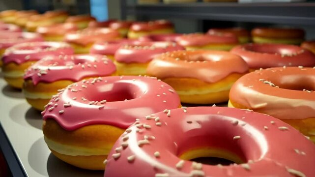 Rows of Glazed Frosted Donuts with Colorful Sprinkles Displayed in Cozy Bakery Counter