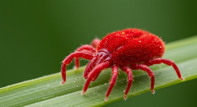 Crimson Mite On Green Blade Of Grass Macro Photography AI Generated
