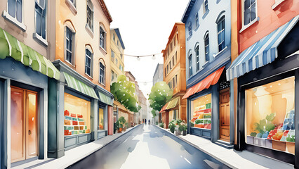 Fototapeta premium Watercolor Painting of European City Street with Shops and Buildings