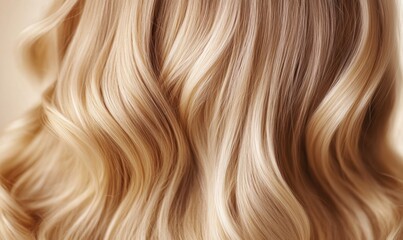 Fototapeta premium Blonde Wavy Hair Close-Up Photo: Highlights and Lowlights, Creamy Neutral Background, Hair Styling, Fashion, Beauty