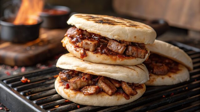 Delicious bifanas sizzling on the grill, perfectly stacked and ready to tantalize taste buds