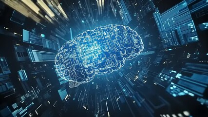 Abstract representation of a digital brain amidst a futuristic cityscape with glowing data streams - Powered by Adobe