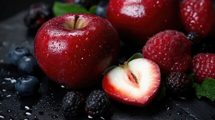 Fresh, juicy red apples and berries. A vibrant mix of colorful fruit
