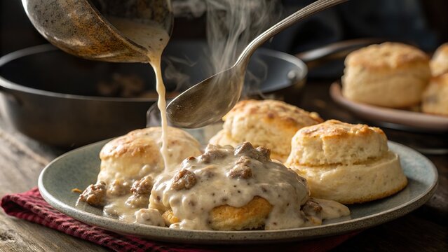 Enjoying the rich, savory experience of sausage gravy cascading over fluffy biscuits on a rustic wooden table