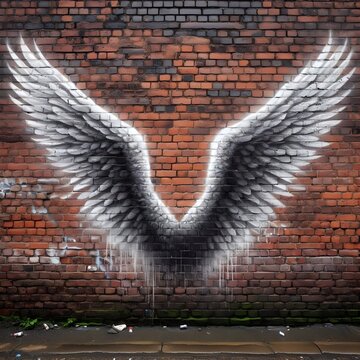 Angel wings spray painted on a brick wall