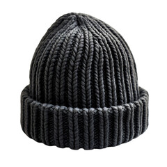 A Knitted Wool Hat with Ribbed Detailing in Dark Gray Isolated on Transparent Background
