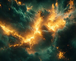 Fototapeta premium Fiery nebula, cosmic clouds of burning gas and dark smoke. Abstract art, space background, fiery texture.