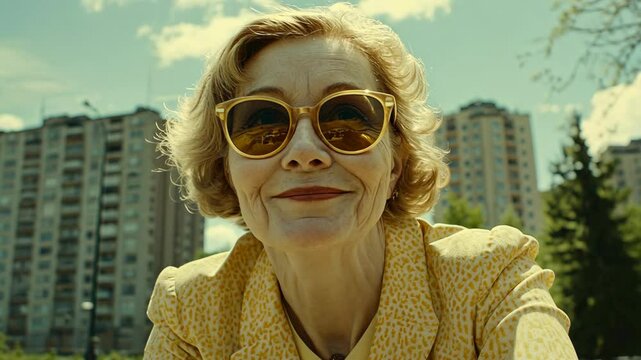 Smiling senior woman with stylish sunglasses, posing in front of apartment buildings with cheerful expression, yellow patterned blouse on sunny day