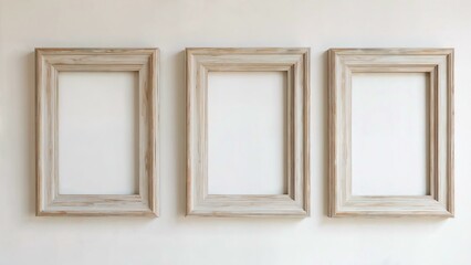 Neutral wall with three weathered wooden frames arranged in a balanced and simple style
