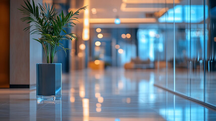 A potted plant in a modern lobby with a shiny floor and blurred background in a contemporary space