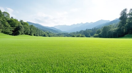 Obraz premium A vibrant green field stretches to the base of a mountain range. Lush trees line the fields edge, creating a natural border. The image is high-resolution, showcasing the fields texture. It employs a