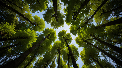 Obraz premium Majestic towering trees with verdant foliage create a natural cathedral as a bright blue sky crowns an awe-inspiring forest canopy