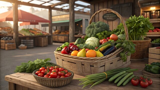 Market fresh bigus ingredients arranged beautifully in a rustic setting, capturing the essence of a lively local market