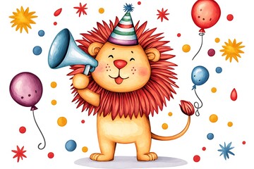 Fototapeta premium Cheerful Lion Celebrating with Party Hat and Colorful Balloons