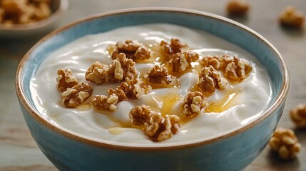 A bowl of creamy Greek yogurt with honey and walnuts. Featuring richness and health