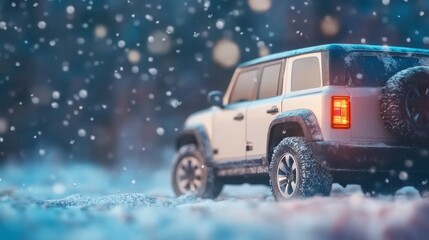 A toy four-wheel drive vehicle covered in snow is parked on a snowy surface with falling snowflakes in a tranquil winter evening.