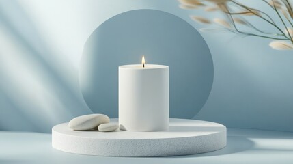 White candle, stones, serene backdrop.  Modern aesthetic.  Product display