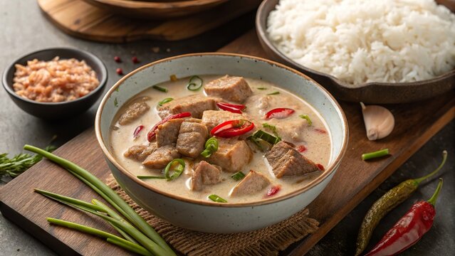 Delightful bicol express served in a deep bowl with aromatic rice on the side for an authentic Filipino culinary experience