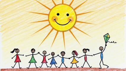 Joyful day of children drawing under a bright sun in a friendly landscape