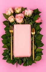 Festive table decor. In pastel pink colors with golden cutlery. With different natural colors roses, 