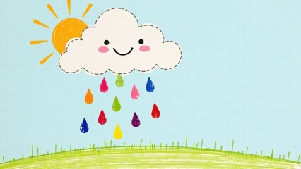 Bright and cheerful children pencil drawing of a sun and cloud