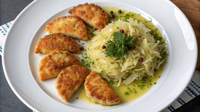 Tasty brambor ky served with tangy sauerkraut and vibrant herbs on a rustic plate