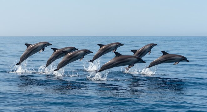 Pod of dolphins leaping gracefully from the ocean in a synchronized display