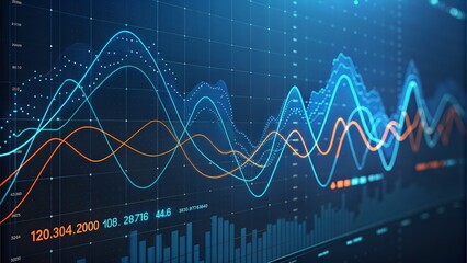 Dynamic Financial Data Visualization with Line Graphs and Numeric Information on Dark Blue Grid