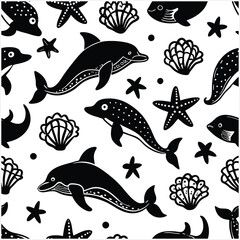 Underwater world seamless pattern with dolphins, starfish and shell
