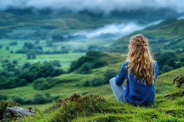 Young girl gazing at foggy rolling hills from a grassy slope