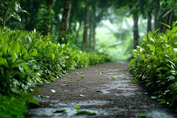 Serene forest pathway lined with lush bushes and tall trees in misty atmosphere