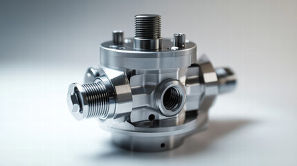 Precision Engineering Marvel: A detailed view of a meticulously crafted industrial component. The gleaming metal surface reflects the light, highlighting the precise angles and intricate design.