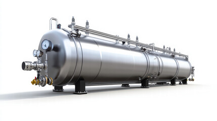 Fototapeta premium Industrial Tank: A high-angle perspective of a large, cylindrical industrial tank, crafted from gleaming stainless steel, showcasing its robust design and intricate piping.