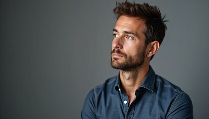 Obraz premium Portrait of a man assessing ESG risk profiles, thoughtful stare, gray background, designed for sustainable investment ads.
