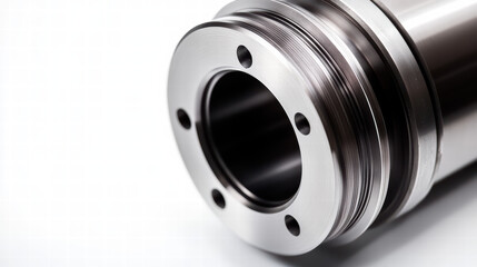 Industrial Precision: A close-up shot of a polished, industrial metallic component, showcasing intricate details and the smooth surface of a machine part. 