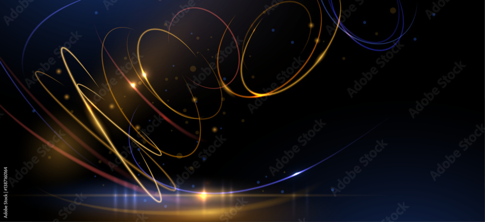 Fototapete illustration vector abstract chaos, gold wave line pattern, flow line and particle dot on dark color