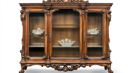 Ornate Vintage Wooden Cabinet with Glass Shelves and Decorative Accents