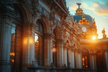 Obraz premium Architectural Details of an Ornate Building at Sunset in an Urban Setting