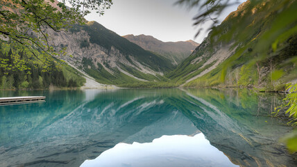 Tranquil mountain lake reflecting nature's calm, a moment of pure serenity and peace.