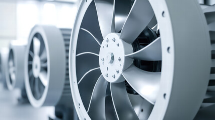 Obraz premium Industrial Fans: A close-up perspective of several powerful industrial fans, showcasing intricate blades and a sense of robust functionality, set against a clean, modern backdrop.