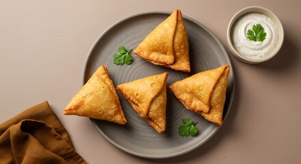 Serving of Delicious Samosas with Dipping Sauce on Modern Plate