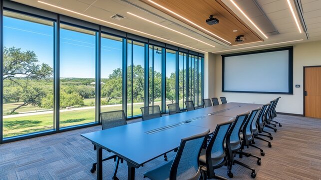 Modern conference room with large windows showcasing a scenic landscape outside