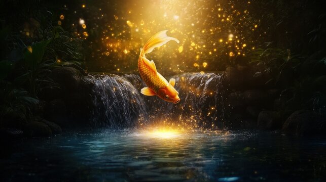 Lucky carp jumping over dragon gate, radiant golden koi leaping through an ethereal waterfall, transforming into a majestic dragon, legendary symbolism of ambition and success