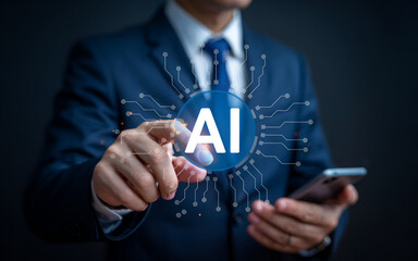 Businessman use artificial intelligence AI technology for enhanced work efficiency data analysis and efficient tools, Unlocking work potential with AI solutions chatbot help solve work problems.